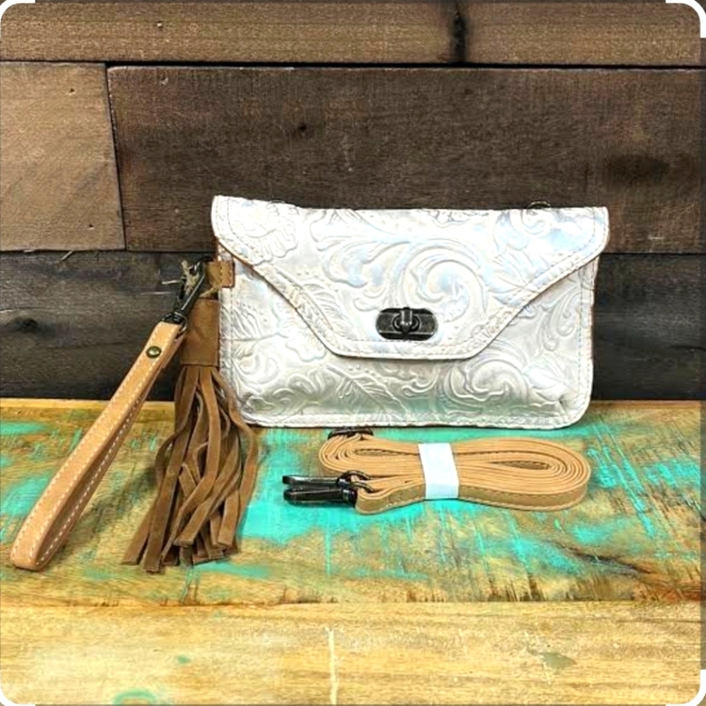 Elegant White Embossed Clutch with Tan Strap